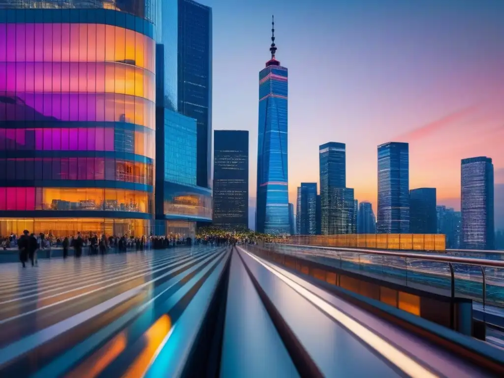 Cityscape moderno al atardecer: mercado inmobiliario global en movimiento Una ciudad moderna al anochecer con rascacielos iluminados reflejando el atardecer y una pantalla de cambio de divisas