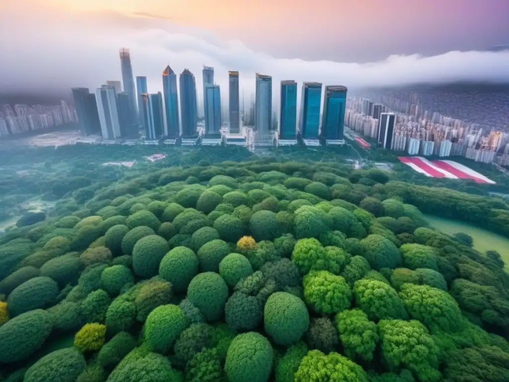 Metrópolis moderna entre rascacielos y naturaleza exuberante Una ciudad moderna con rascacielos rodeados de vegetación, reflejando el auge del mercado inmobiliario internacional