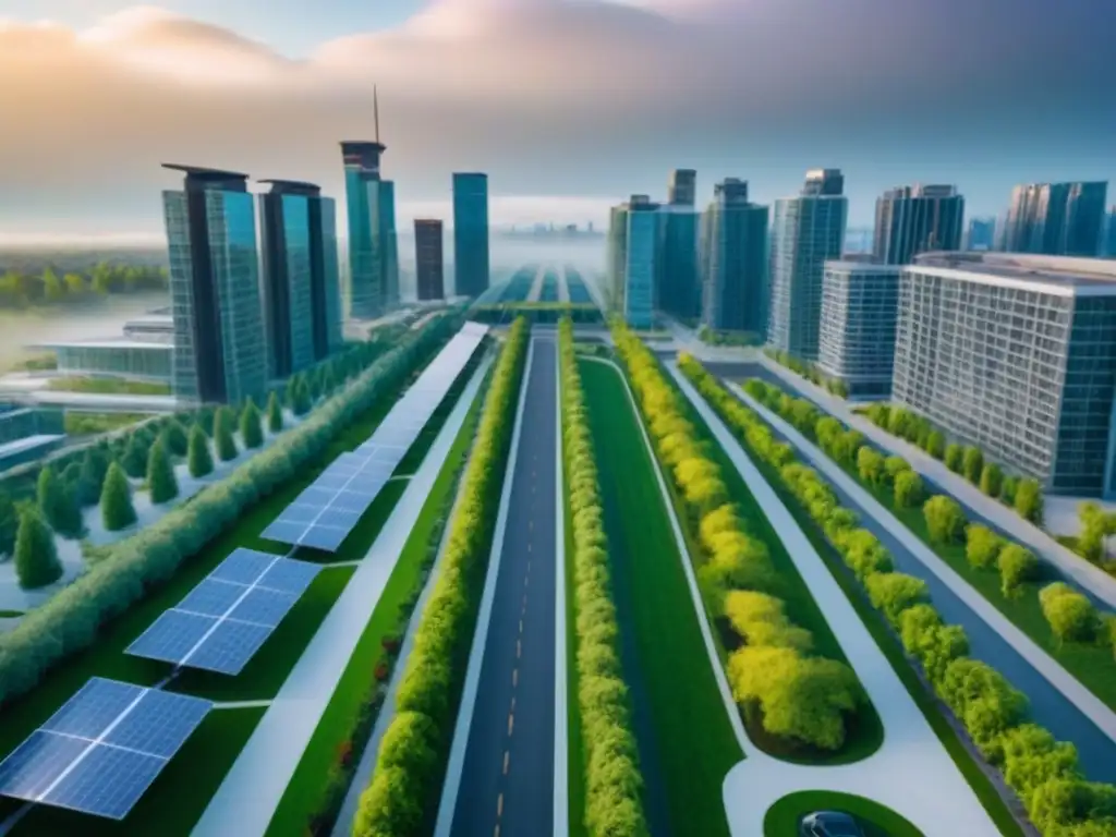 Vista aérea impactante de ciudad sostenible en América del Norte Una ciudad moderna sostenible en Norteamérica con edificios verdes, paneles solares y turbinas eólicas, rodeada de naturaleza y transporte ecológico