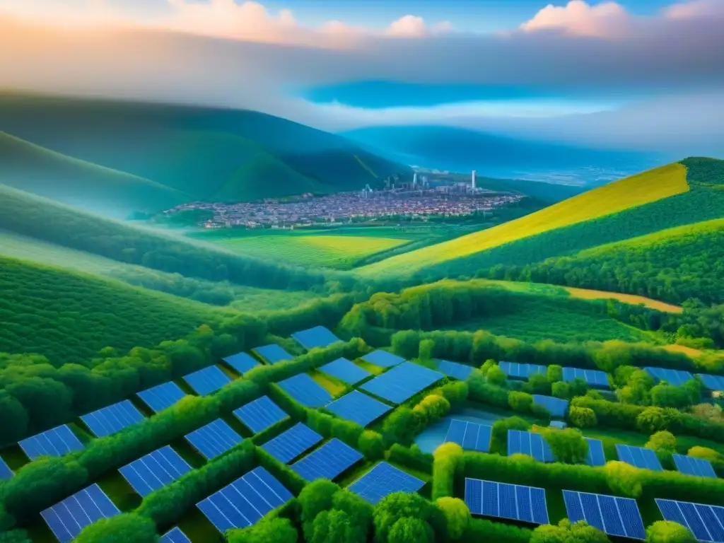 Metrópolis sostenible: armonía entre naturaleza y urbanismo Una ciudad moderna sostenible con edificios verdes y paneles solares, resaltando la armonía entre naturaleza e infraestructura
