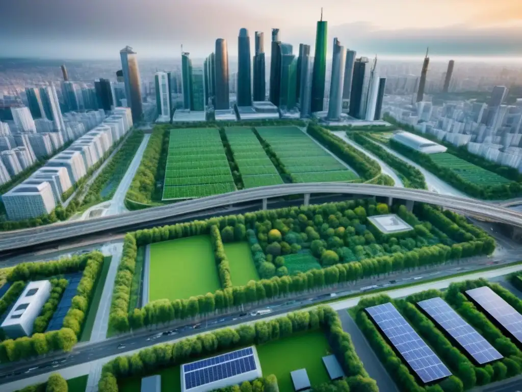 Metrópolis sostenible: arquitectura verde y convivencia urbana Una ciudad moderna y sostenible con espacios verdes, paneles solares, transporte público eficiente y edificios ecológicos