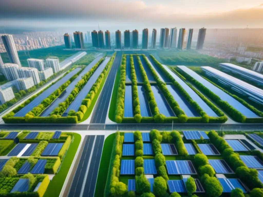 Metrópolis sostenible: armonía entre naturaleza y modernidad Una ciudad moderna y sostenible con techos verdes, paneles solares y transporte público eficiente integrado