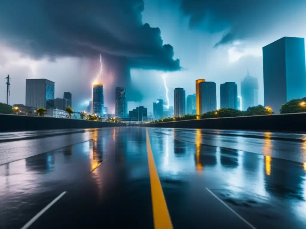 Tormenta en la ciudad: riesgos climáticos para edificios comerciales Una ciudad moderna bajo una tormenta intensa, reflejando impacto cambios climáticos seguro propiedad