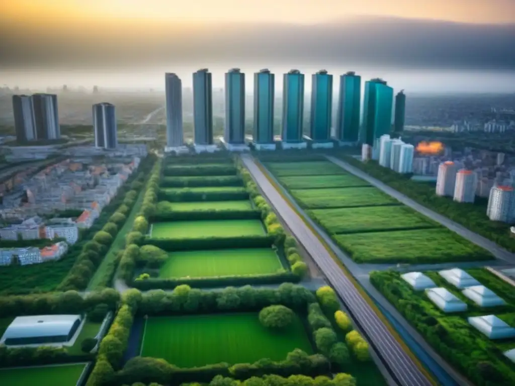 Skyline urbano con diversidad de viviendas y transporte público eficiente Una ciudad moderna con variadas opciones de vivienda, desde rascacielos hasta complejos asequibles, con espacios verdes y transporte público eficiente
