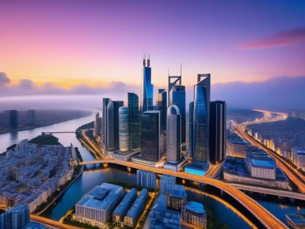 Horizonte urbano al atardecer: luces, modernidad y progreso Una ciudad moderna y vibrante al atardecer, reflejando progreso e innovación
