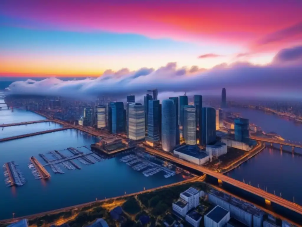 Horizonte urbano vibrante: inversión ética en bienes raíces Una ciudad moderna y vibrante con rascacielos reflejando los colores de un atardecer impresionante, simbolizando inversiones éticas y compliance en el mercado inmobiliario
