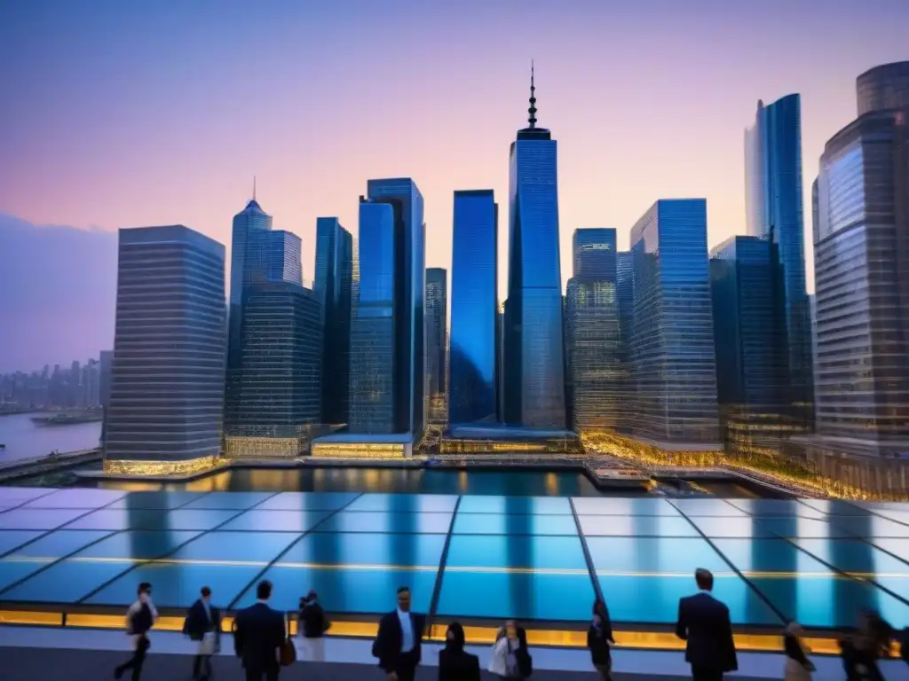 Horizonte urbano moderno al atardecer: inversión segura y global Una ciudad moderna y vibrante al anochecer, con rascacielos de vidrio iluminados y profesionales de negocios