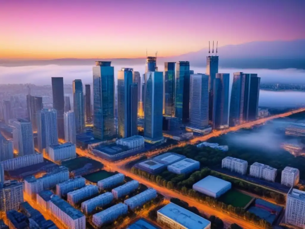 Ciudad moderna al atardecer: rascacielos iluminados y calles bulliciosas Una ciudad norteamericana acogedora al atardecer, con rascacielos iluminados y calles vibrantes, representando crecimiento y diversidad