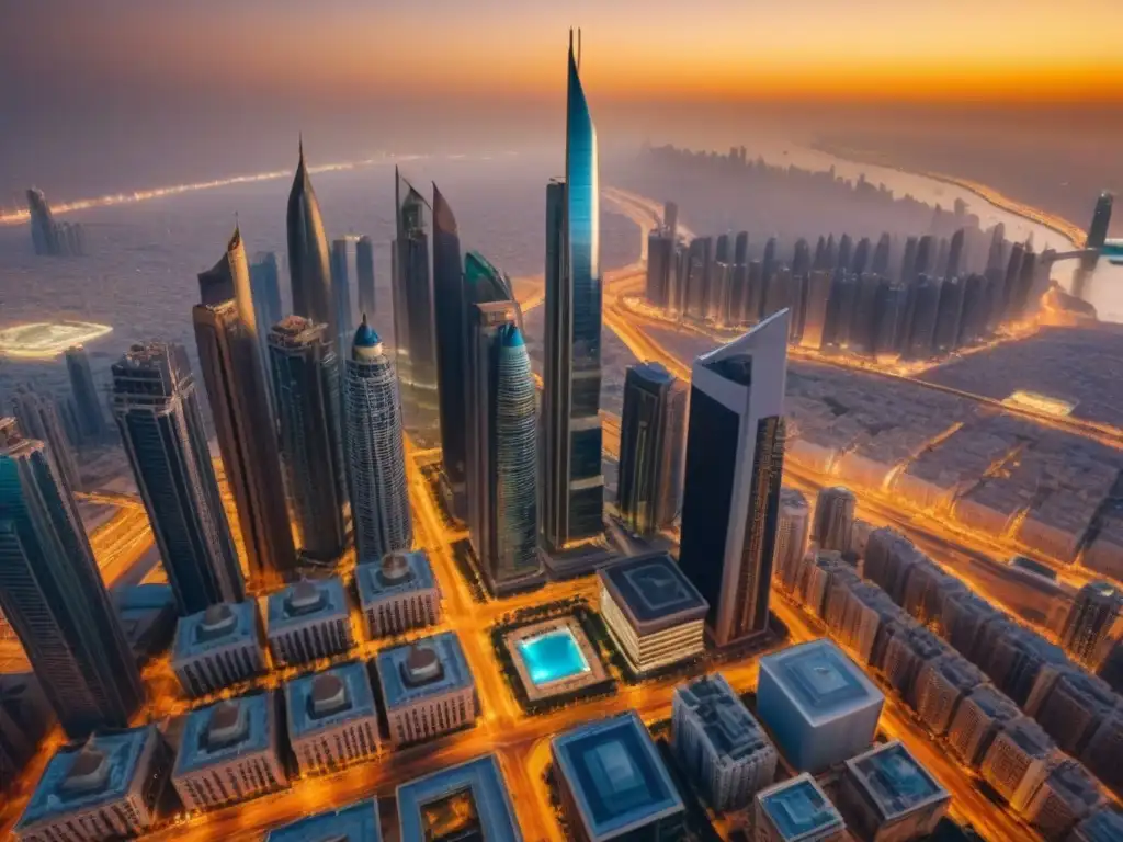 Horizonte urbano del Medio Oriente: fusión tradición-modernidad Una ciudad en Oriente Medio con arquitectura tradicional y rascacielos modernos al atardecer
