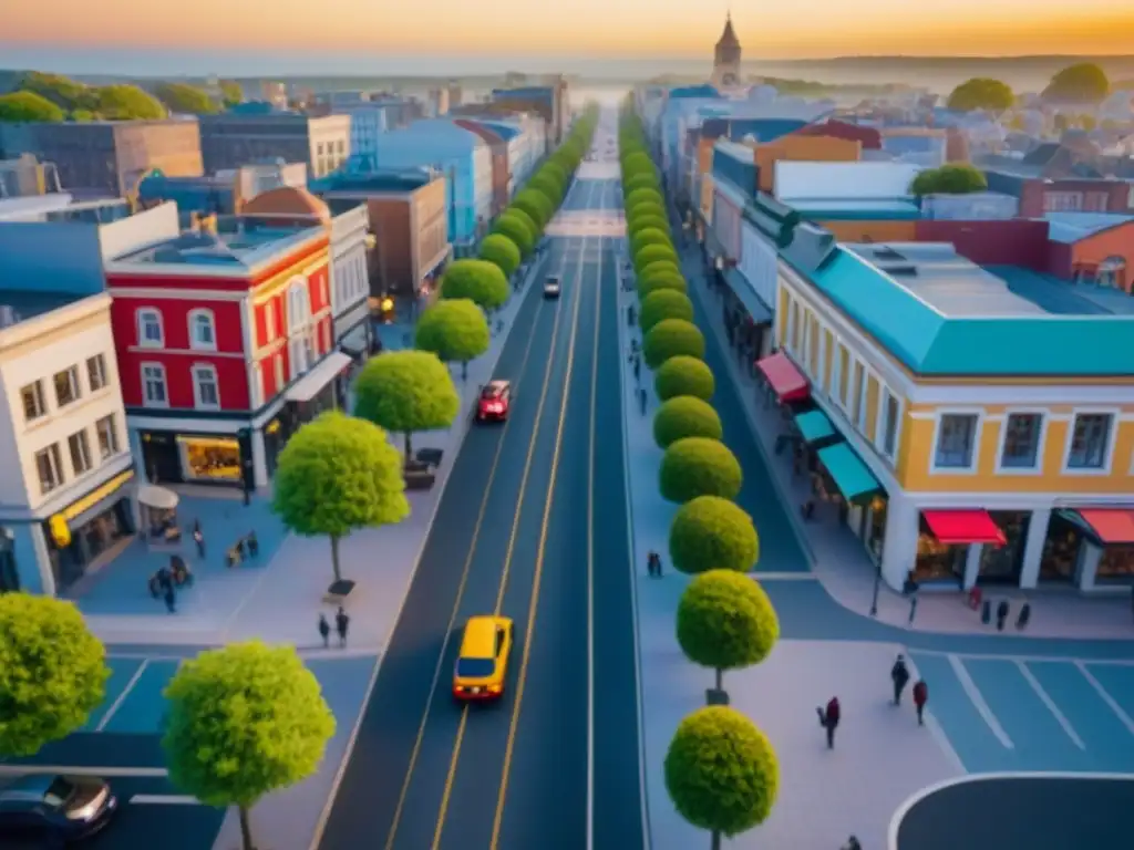 Vibrante centro urbano al atardecer: mezcla de historia y modernidad Una ciudad pequeña revitalizada con inversión en su centro, llena de vida y color