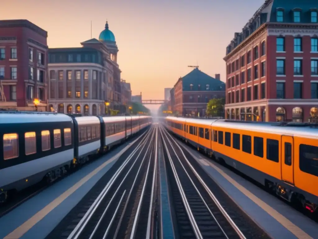 Metrópolis postindustrial: fusión de pasado y futuro en la noche Una ciudad postindustrial bulliciosa al anochecer, fusionando lo antiguo con lo moderno bajo la luz cálida de la urbe