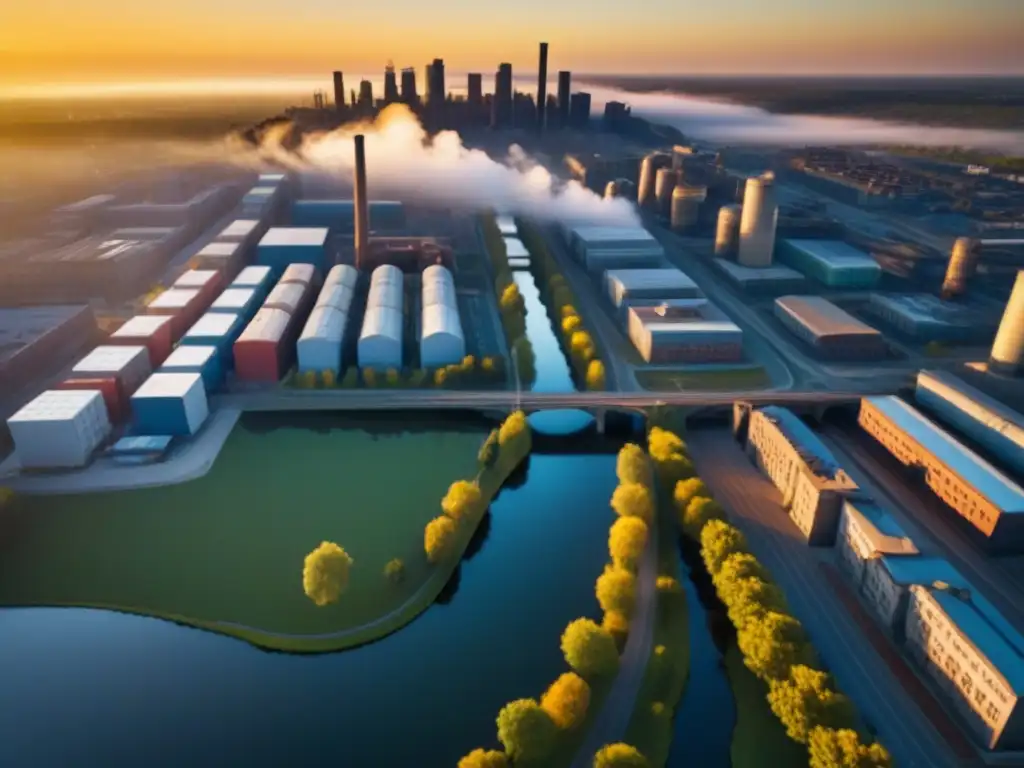 Metrópolis posindustrial: paisaje urbano en evolución al atardecer Una ciudad postindustrial con fábricas reconvertidas en lofts, rascacielos modernos y parques urbanos