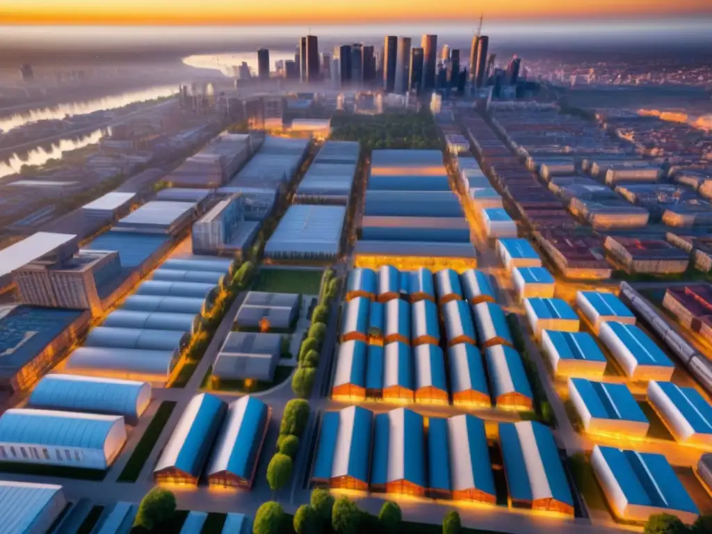 Metrópolis postindustrial: fusión de arquitectura y diversidad Una ciudad postindustrial con rascacielos y almacenes renovados en armonía