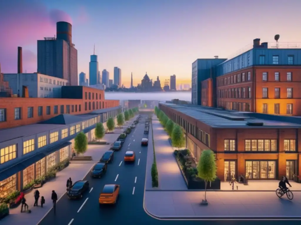 Renovación urbana: ciudad postindustrial en evolución Una ciudad postindustrial vibrante al atardecer, con edificios históricos reconvertidos, espacios verdes y rascacielos futuristas