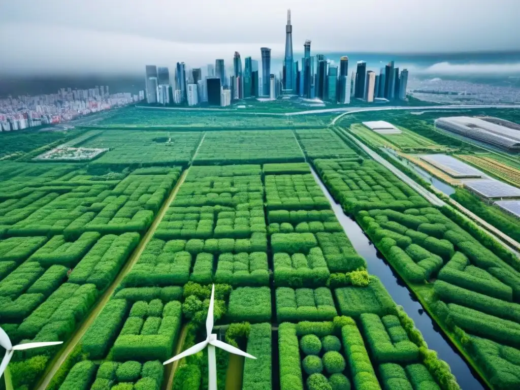 Una ciudad sostenible donde se integran áreas verdes, energías renovables y transporte público eficiente