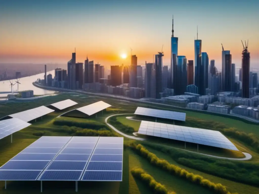 Metrópolis sostenible: innovación y colaboración en inversión inmobiliaria Una ciudad sostenible con arquitectura innovadora y profesionales colaborando al atardecer