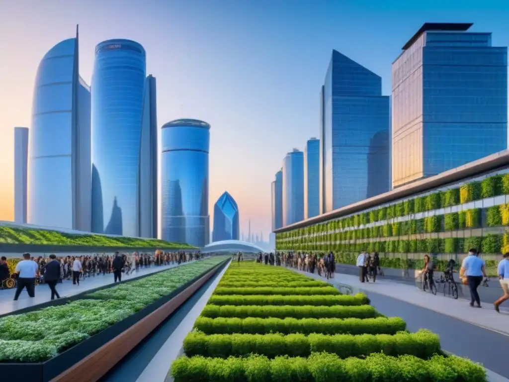 Metrópolis futurista eco-sostenible al atardecer Ciudad futurista sostenible al atardecer, con infraestructuras verdes innovadoras integradas, adaptación infraestructuras ciudades cambio climático