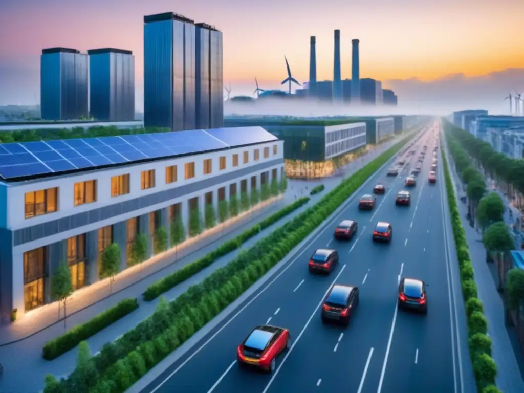 Metrópolis sostenible: paisaje urbano moderno y verde al atardecer Una ciudad sostenible al atardecer, con modernos edificios verdes y una infraestructura ecoamigable