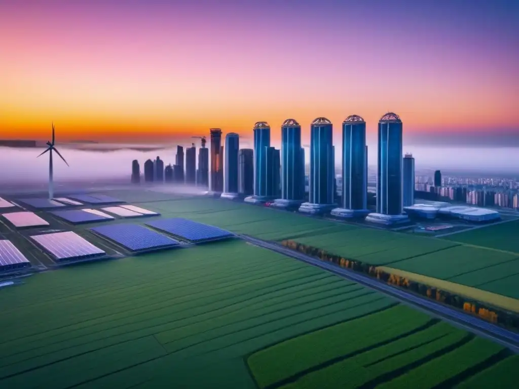 Horizonte futurista sostenible: ciudad eco en 8k al atardecer La ciudad futurista sostenible al atardecer, con rascacielos ecoamigables y detalles verdes