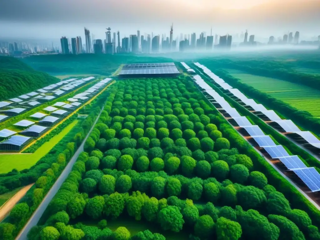 Visión eco-sostenible: ciudad verde con paneles solares y turbinas eólicas Visión de ciudad sostenible con Desarrollo inmobiliario impacto ambiental negativo