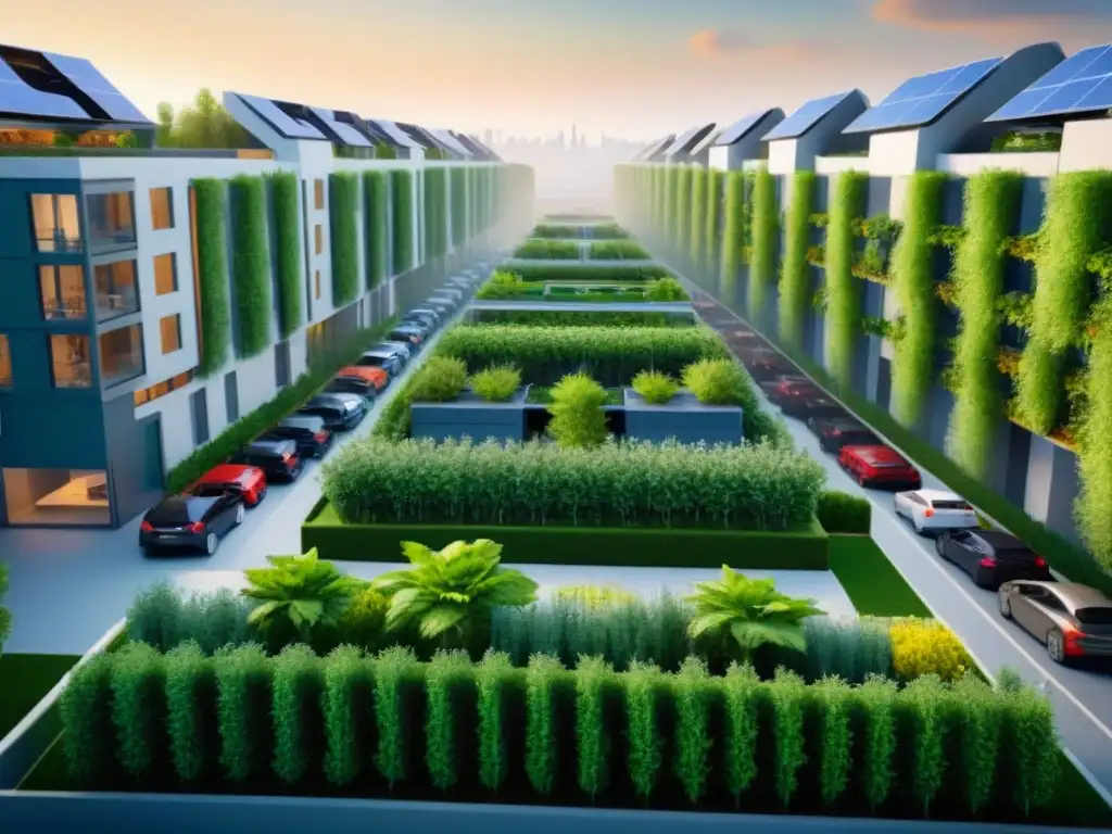 Ciudad ecoamigable: armonía entre urbanismo y naturaleza Una ciudad sostenible con edificios verdes, paneles solares y jardines verticales