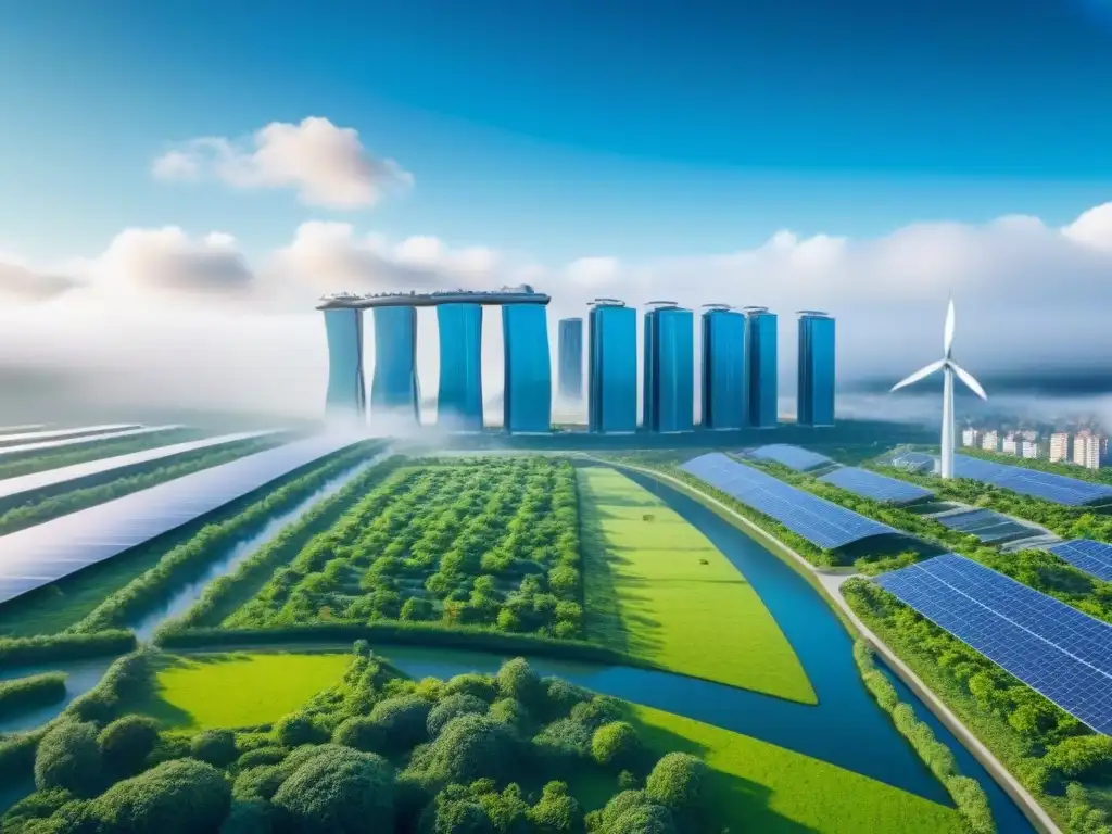 Metrópolis futurista sostenible: armonía urbana y naturaleza Una ciudad sostenible futurista con edificios verdes, paneles solares, jardines en azoteas y turbinas eólicas