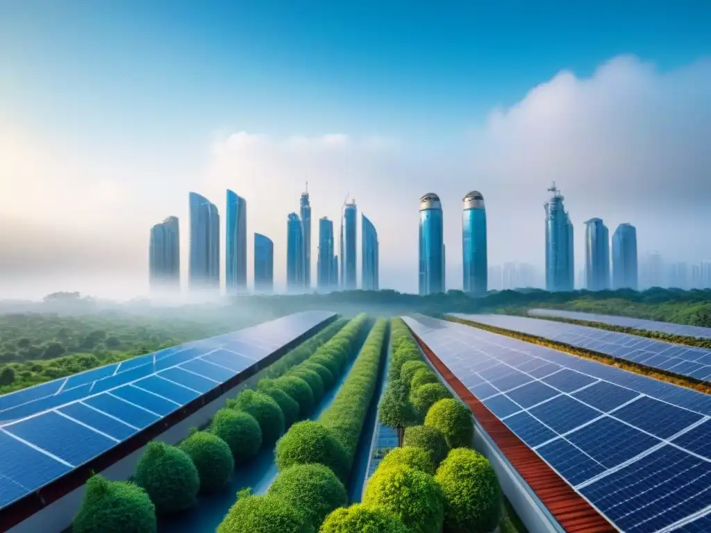 Metrópolis sostenible: arquitectura moderna y ecoamigable 'Ciudad futurista sostenible con rascacielos ecofriendly, normativas ambientales e impacto en rentabilidad inmobiliaria'