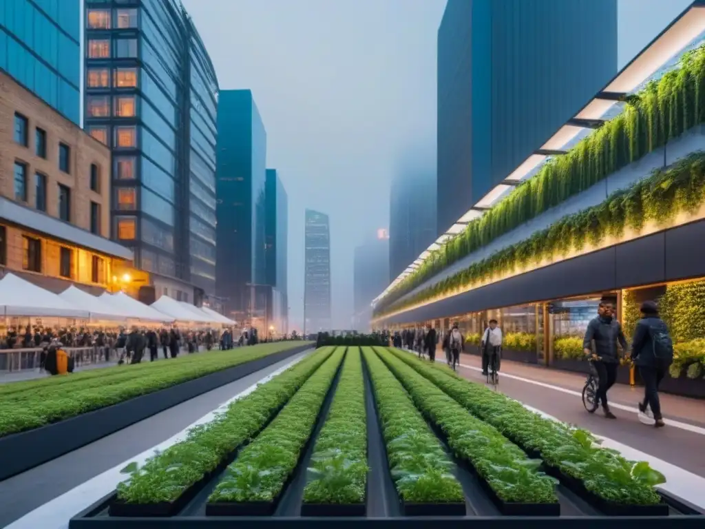 Metrópolis sostenible del futuro: ecoamigable y tecnológica Una ciudad sostenible: rascacielos con jardines verticales, transporte público eficiente y personas comprometidas con actividades ecológicas