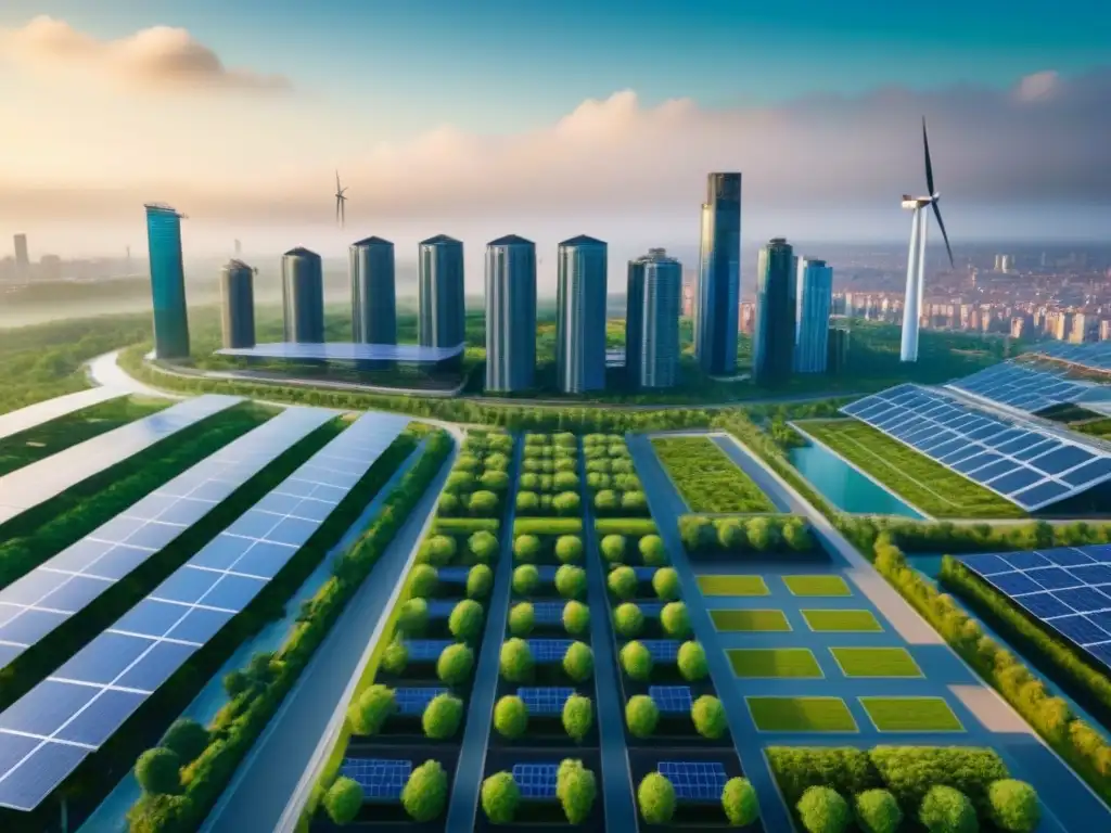 Futurismo verde: metrópolis sostenible en armonía con la naturaleza Una ciudad sostenible con techos verdes, paneles solares y turbinas eólicas