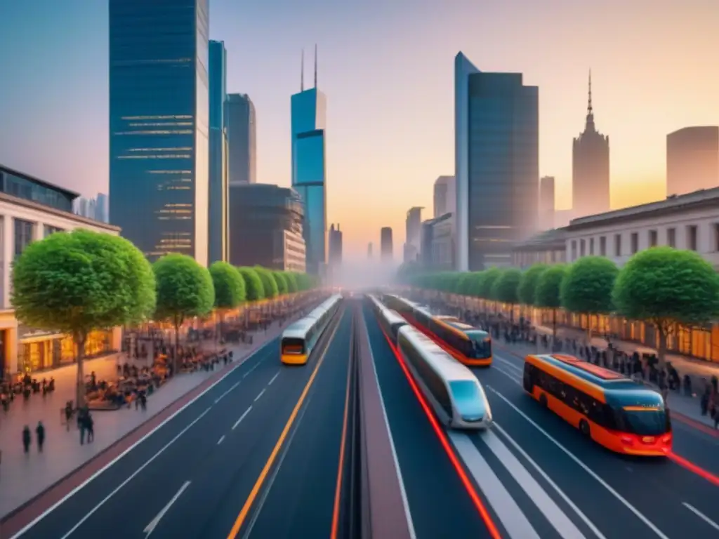 Una ciudad sostenible y vibrante al atardecer, con edificios verdes y comunidad activa