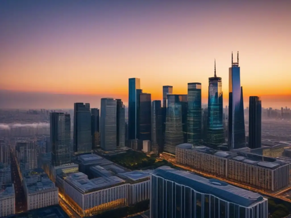 Skyline urbano al atardecer: contraste entre modernidad y tradición Una ciudad vibrante al atardecer: contrastes entre rascacielos modernos y edificios históricos