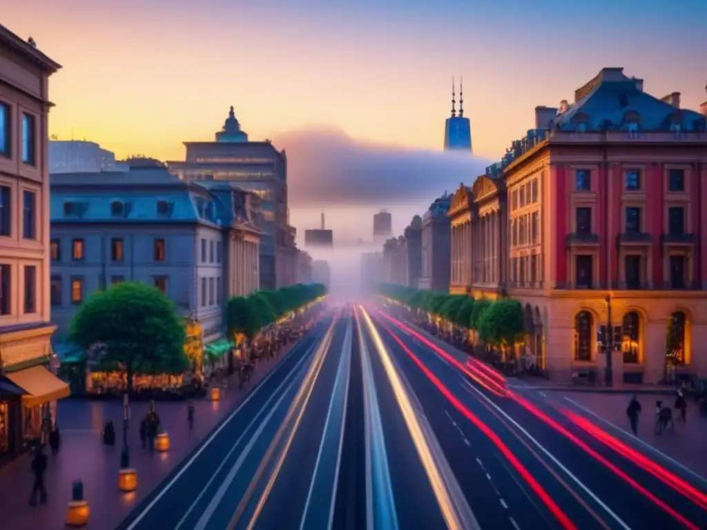 Horizonte urbano vibrante al atardecer: historia y modernidad en armonía Ciudad vibrante al atardecer, fusionando edificios históricos y rascacielos modernos, con gente diversa en las calles