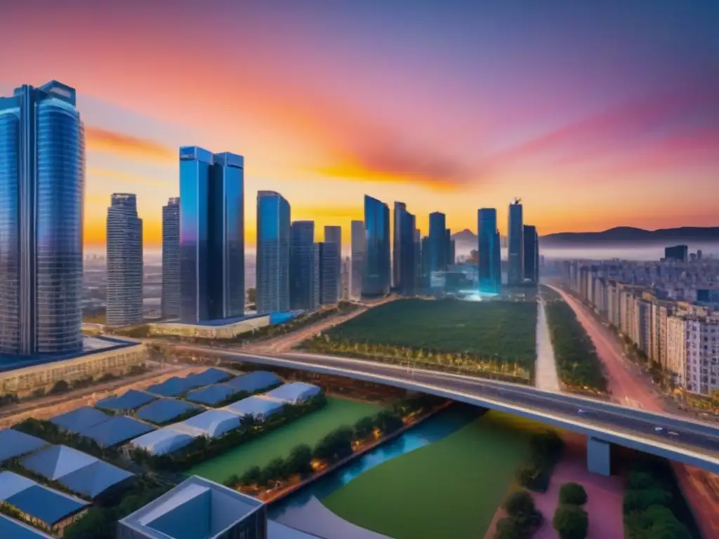 Skyline moderno al atardecer: comunidad inclusiva y sostenible Una ciudad vibrante al atardecer, con un horizonte moderno y diversidad urbana, reflejando potencial para proyectos inmobiliarios