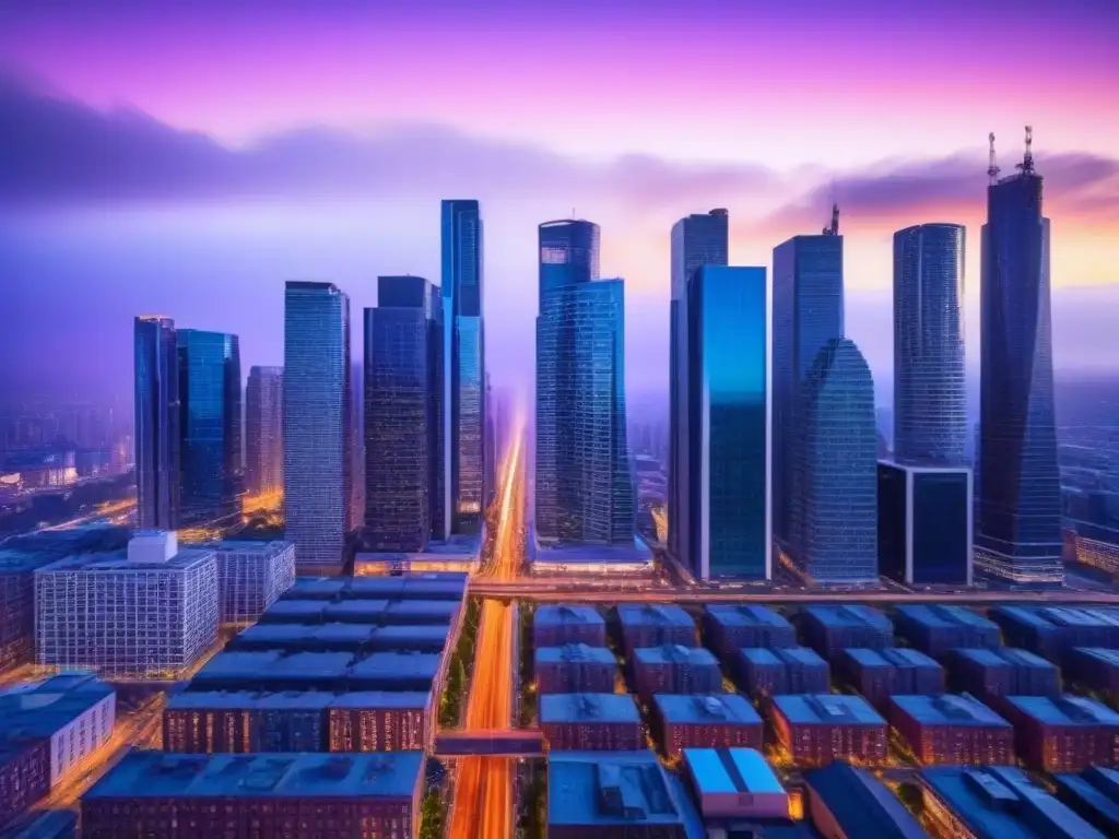 Espectacular ciudad al anochecer: skyline moderno y vibrante con luces de la ciudad Una ciudad vibrante al atardecer, con un horizonte moderno iluminado por luces de colores