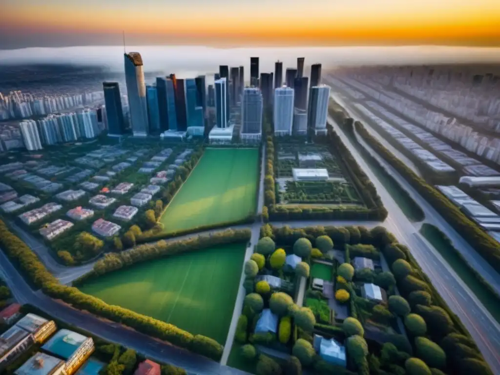 Metrópolis dorada: skyline urbano entre la naturaleza exuberante Una ciudad vibrante al atardecer, con rascacielos y vegetación