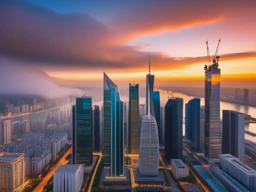 Metrópolis dorada: profesionales y rascacielos al atardecer Una ciudad vibrante al atardecer con rascacielos reflejando el sol