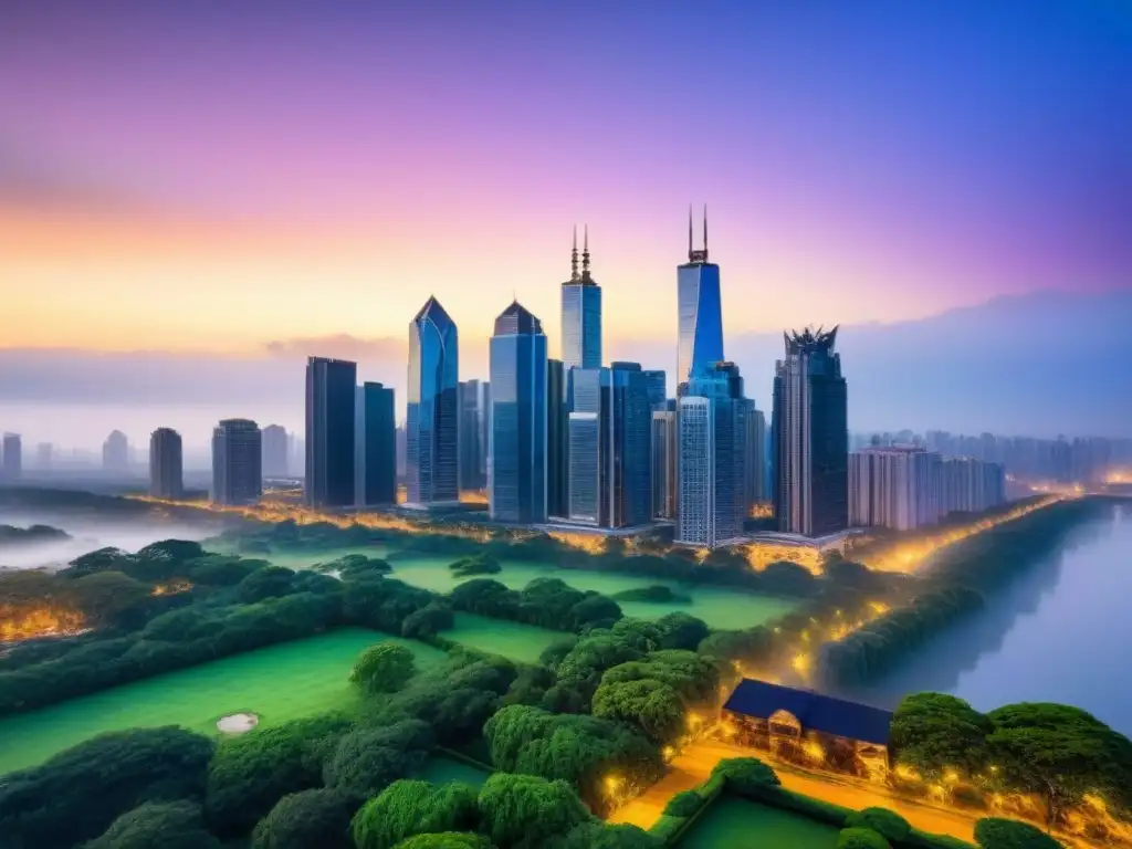 Skyline urbano al atardecer: arquitectura moderna y patrimonio histórico en armonía Una ciudad vibrante al atardecer, con rascacielos iluminados y parques verdes, fusionando arquitectura moderna e histórica