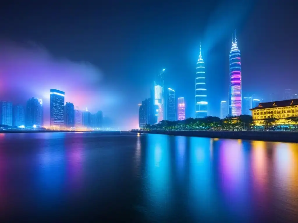 Horizonte urbano vibrante: luces futuristas sobre río sereno La ciudad vibrante y bulliciosa de noche, con rascacielos futuristas iluminados y reflejados en un río sereno