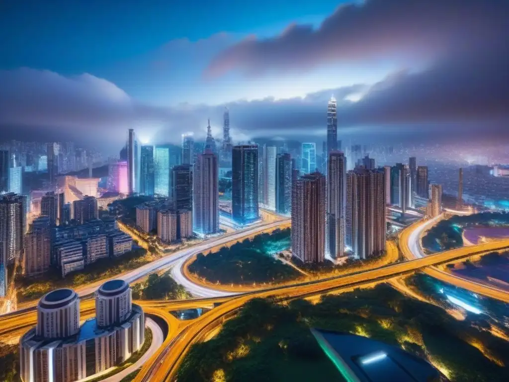 Metrópolis nocturna: luces, autos y rascacielos vibrantes 'Una ciudad vibrante y bulliciosa de noche, con rascacielos iluminados y calles llenas de autos brillantes, reflejando la interconexión de las microeconomías en ciudades globales