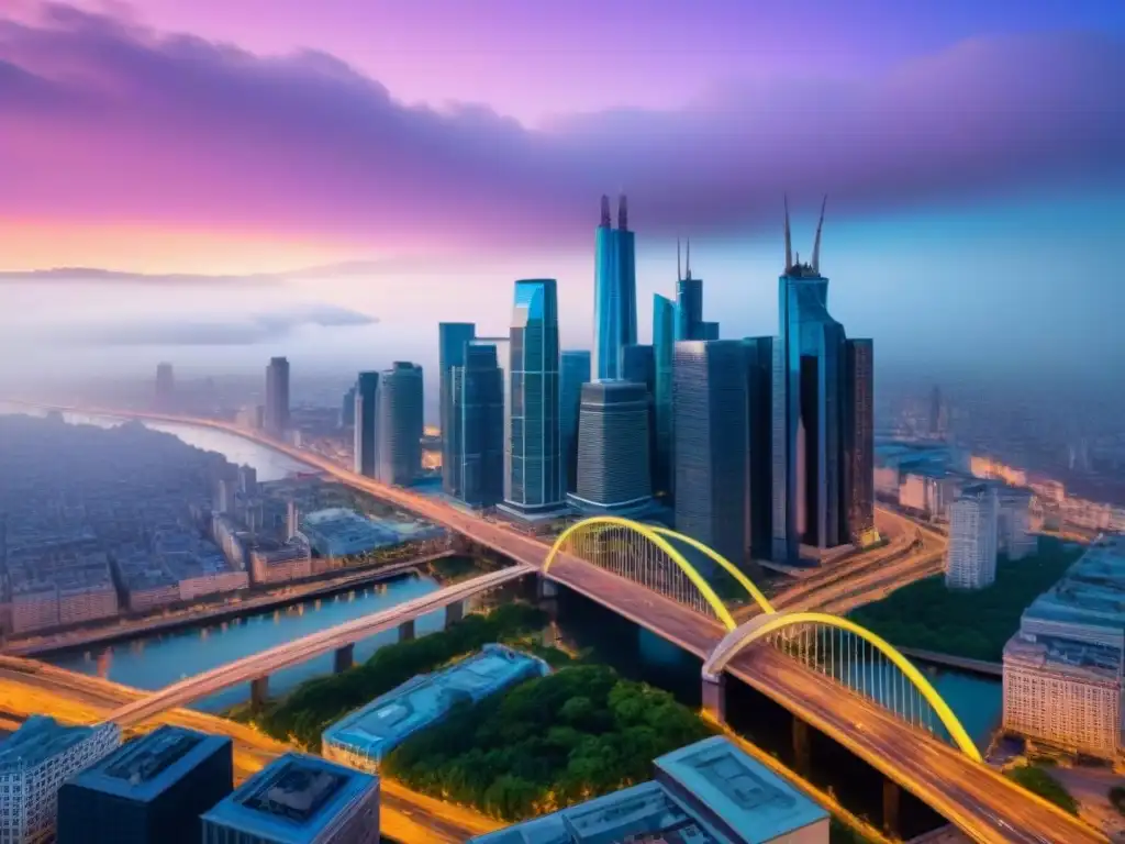 Horizonte urbano vibrante y moderno al anochecer Una ciudad vibrante y bulliciosa al anochecer, con rascacielos iluminados y calles llenas de gente, ideal para coworking internacional