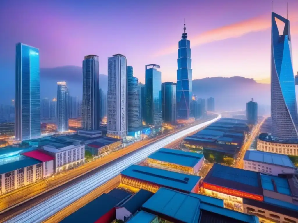 Skyline moderno iluminado: atractivo urbano al atardecer Una ciudad vibrante y bulliciosa al anochecer, con un skyline moderno iluminado por luces coloridas