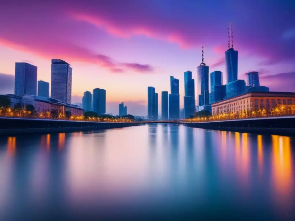 Horizonte urbano vibrante al anochecer: luces y arquitectura futurista Una ciudad vibrante y dinámica al anochecer, con rascacielos iluminados y un río sereno