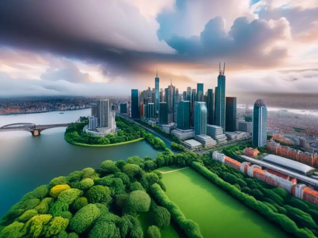 Espléndida panorámica urbana de una ciudad vibrante y diversa Una ciudad vibrante y diversa con rascacielos modernos, edificios históricos, parques verdes y un animado paseo marítimo, bajo un cielo dinámico