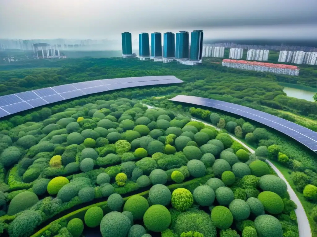 Metrópolis sostenible: arquitectura eco en armonía con la naturaleza Una ciudad vibrante con edificios sostenibles integrados en espacios verdes, reflejo de comunidades sostenibles en el mercado inmobiliario