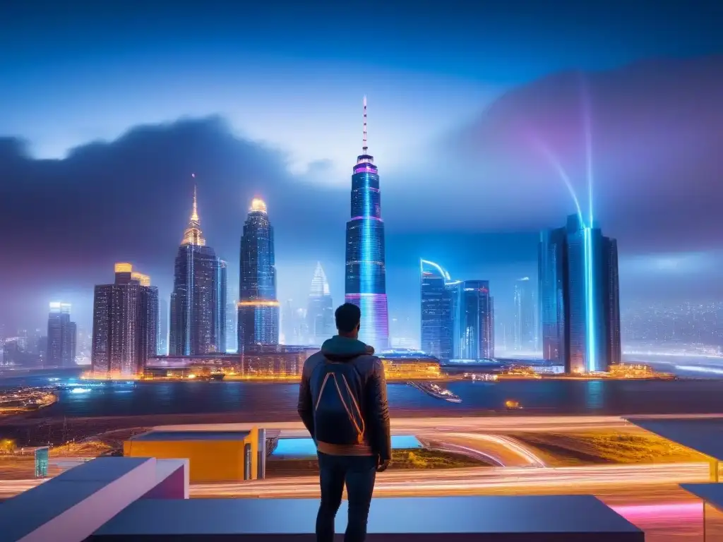 Metrópolis futurista: luces neón y arquitectura moderna Una ciudad vibrante y futurista de noche, iluminada con luces de neón coloridas y arquitectura moderna