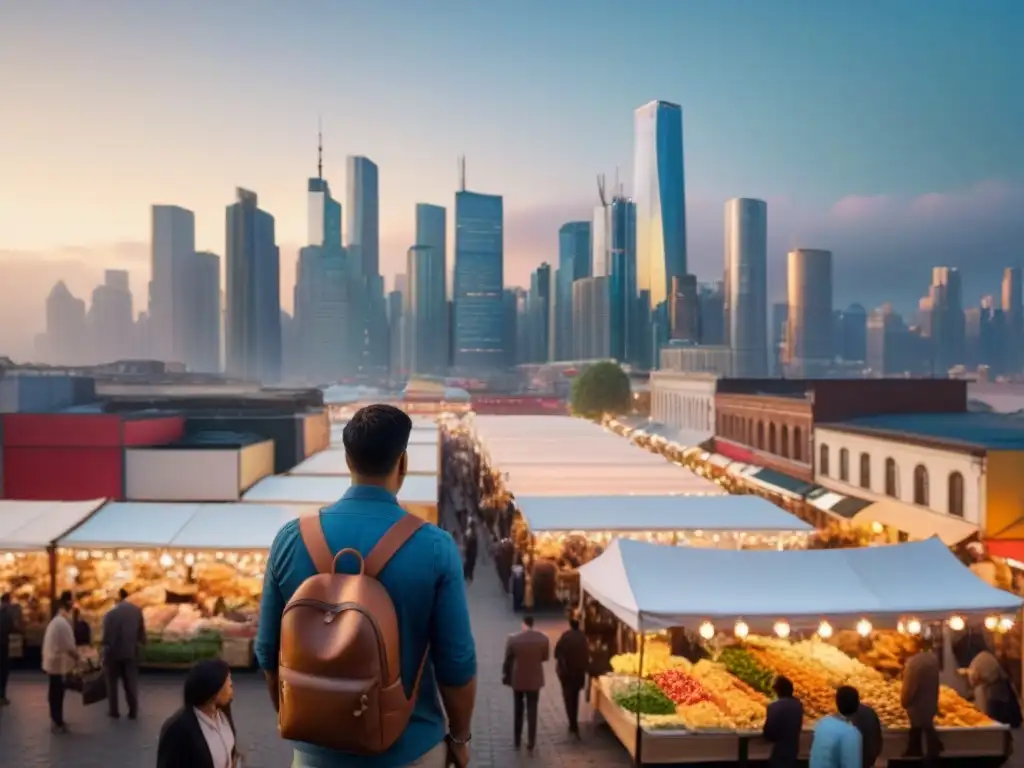 Transformación urbana: mercado inmersivo al anochecer Una ciudad vibrante al anochecer, con mezcla de arquitectura moderna y tradicional