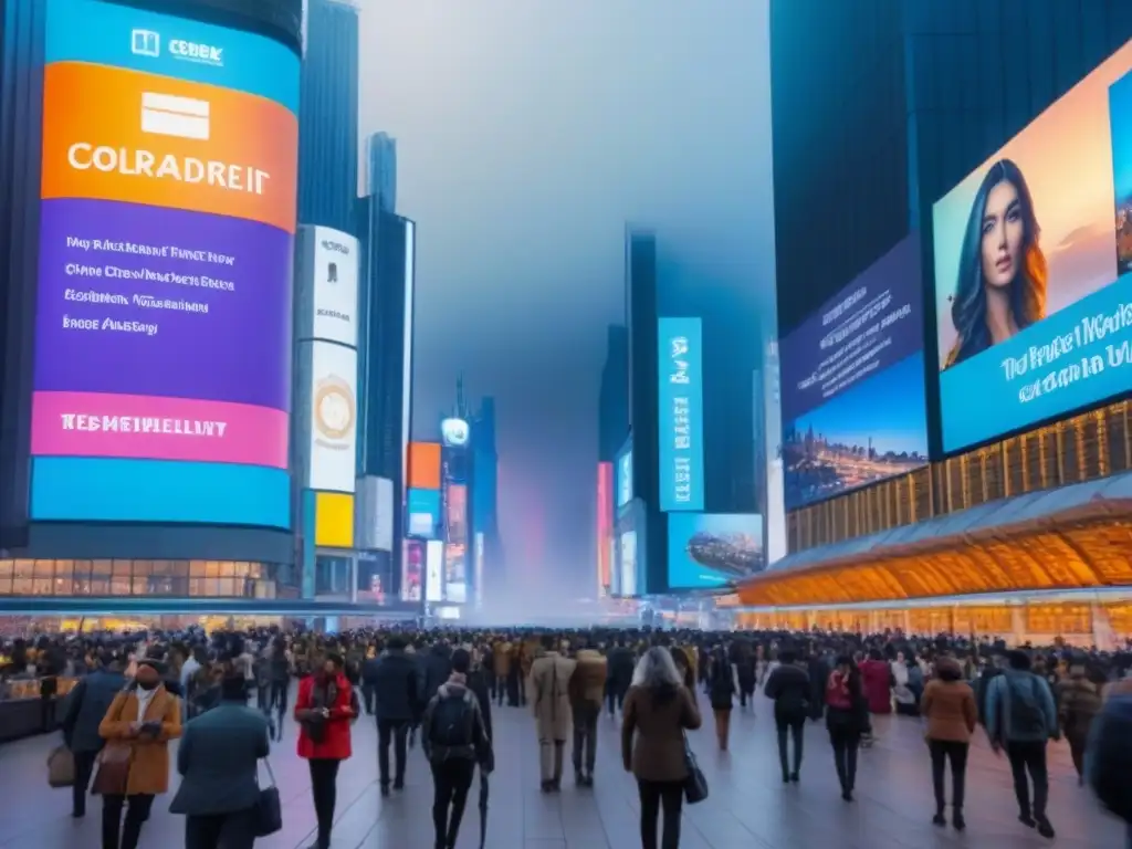 Metrópolis futurista: turismo vibrante y diverso Una ciudad vibrante y moderna con turistas, rascacielos futuristas y vallas digitales coloridas, reflejando la dinámica industria turística