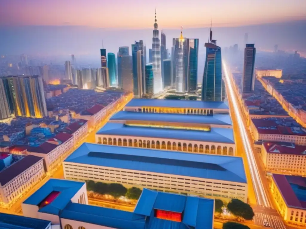 Cityscape vibrante: fusión de estilos arquitectónicos en mercado bullicioso Una ciudad vibrante que fusiona modernos rascacielos con monumentos históricos, reflejando la cultura internacional en inversiones inmobiliarias