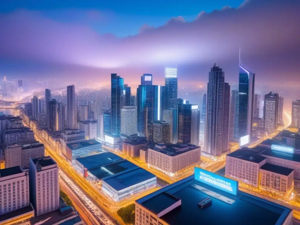 Metrópolis nocturna: migración y real estate en un paisaje urbano vibrante Una ciudad vibrante de noche con edificios iluminados y gente de diversas culturas, reflejando el impacto migratorio en el mercado inmobiliario