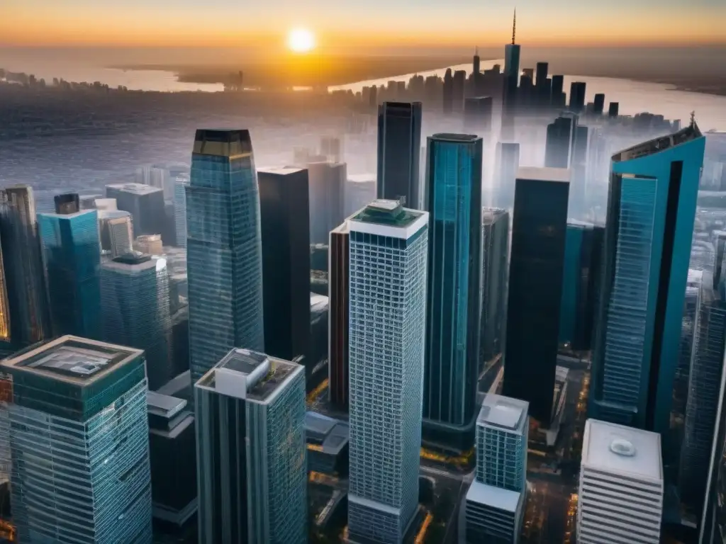 Metrópolis vibrante: real estate con potencial de inversión internacional Una ciudad vibrante con rascacielos, edificios comerciales y residenciales, reflejando la inversión inmobiliaria comercial internacional